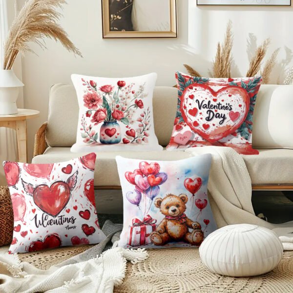 Pillow Covers 17.71x17.71 Inch Set of 4 cartoon lover cute Valentine's Day pink  Farmhouse Sofa Throw Pillowcase Cushion Case Home Decoration - 图片 4